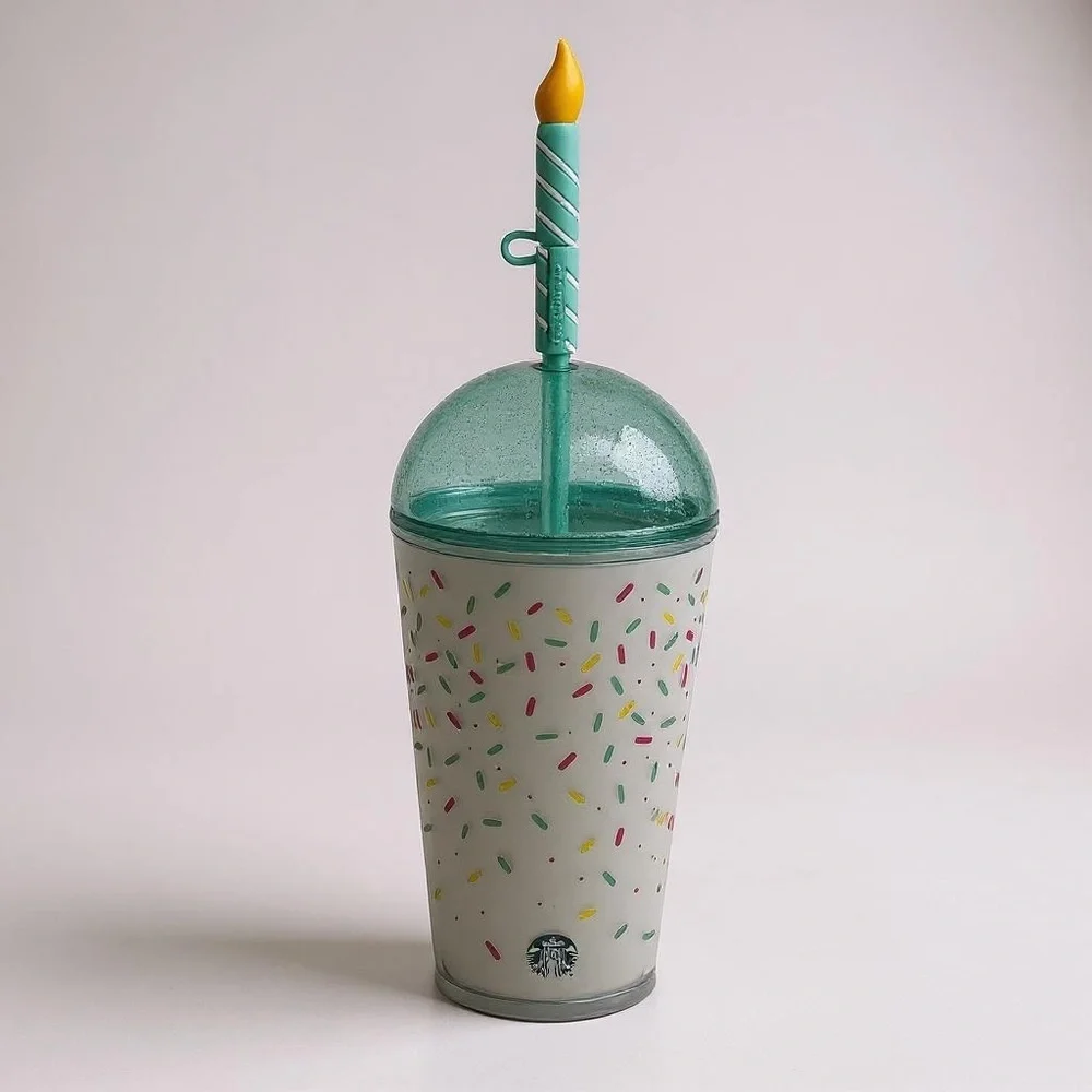 Starbucks Glitter Confetti Birthday Cold Cup Dome Lid & Candle Straw Topper NWT